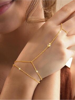 ✨ NIB M MOOHAM Dainty 14K Gold Initial "S" Hand Chain & Ring Set ✨